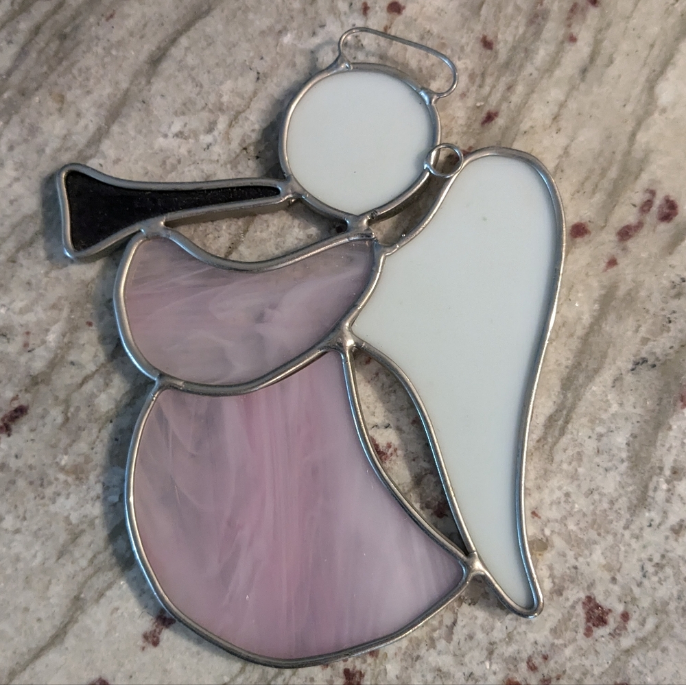 Stained Glass Angel Suncatcher - Pink, White & Silver Vintage Horn 5" Wide READ